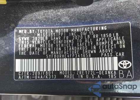 2015 Toyota Corolla Le из США, поврежденный, VIN 5YFBURHE4FP341658